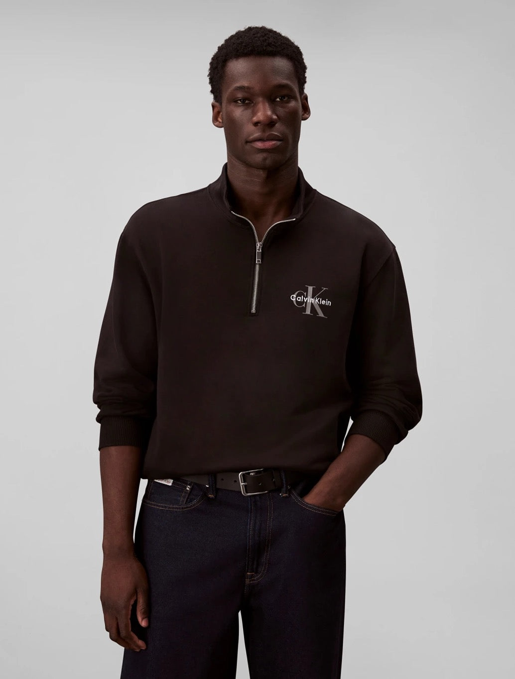 Calvin Klein Long Sleeve Terry Micro Logo Sweatshirt in Black