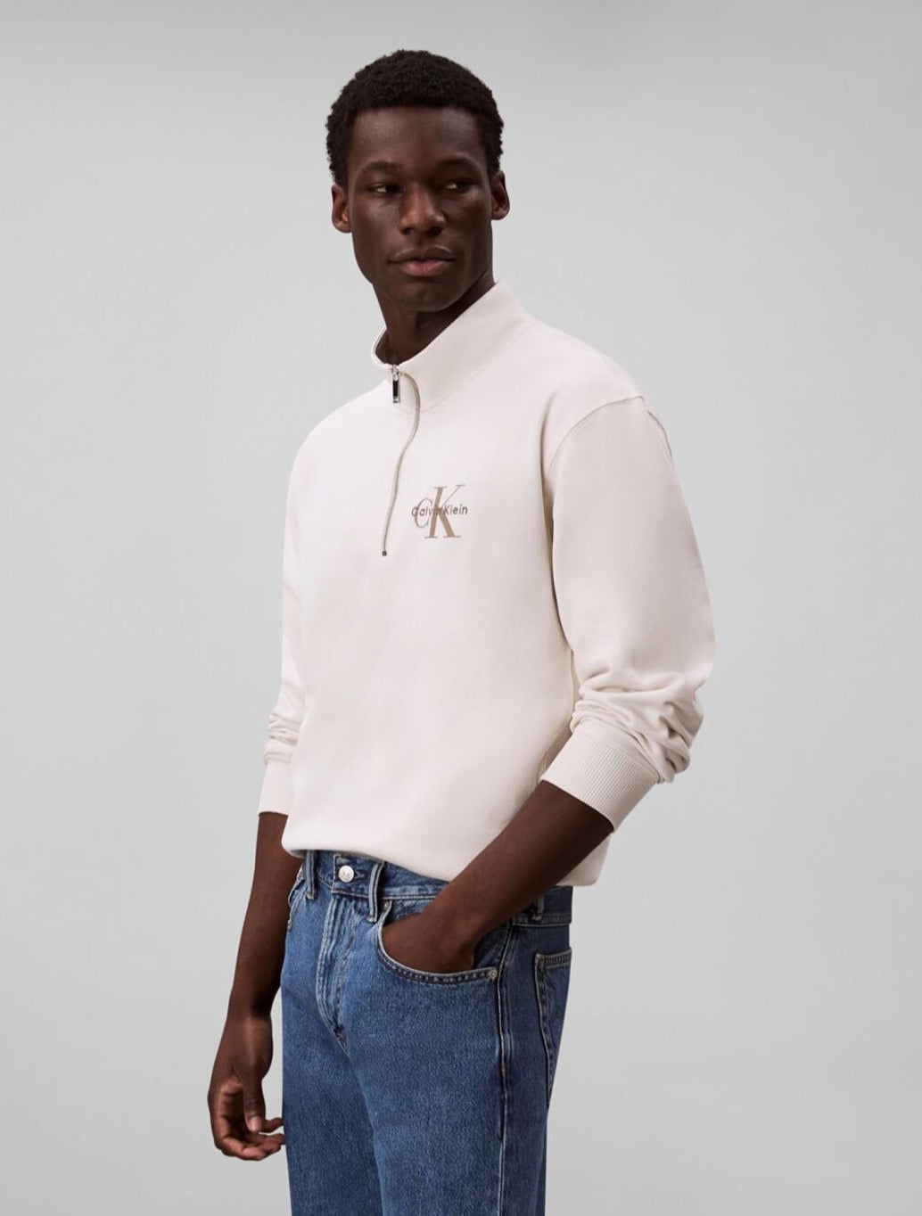 Calvin Klein - Cotton Terry Micro Monogram Zip Sweatshirt - Beige