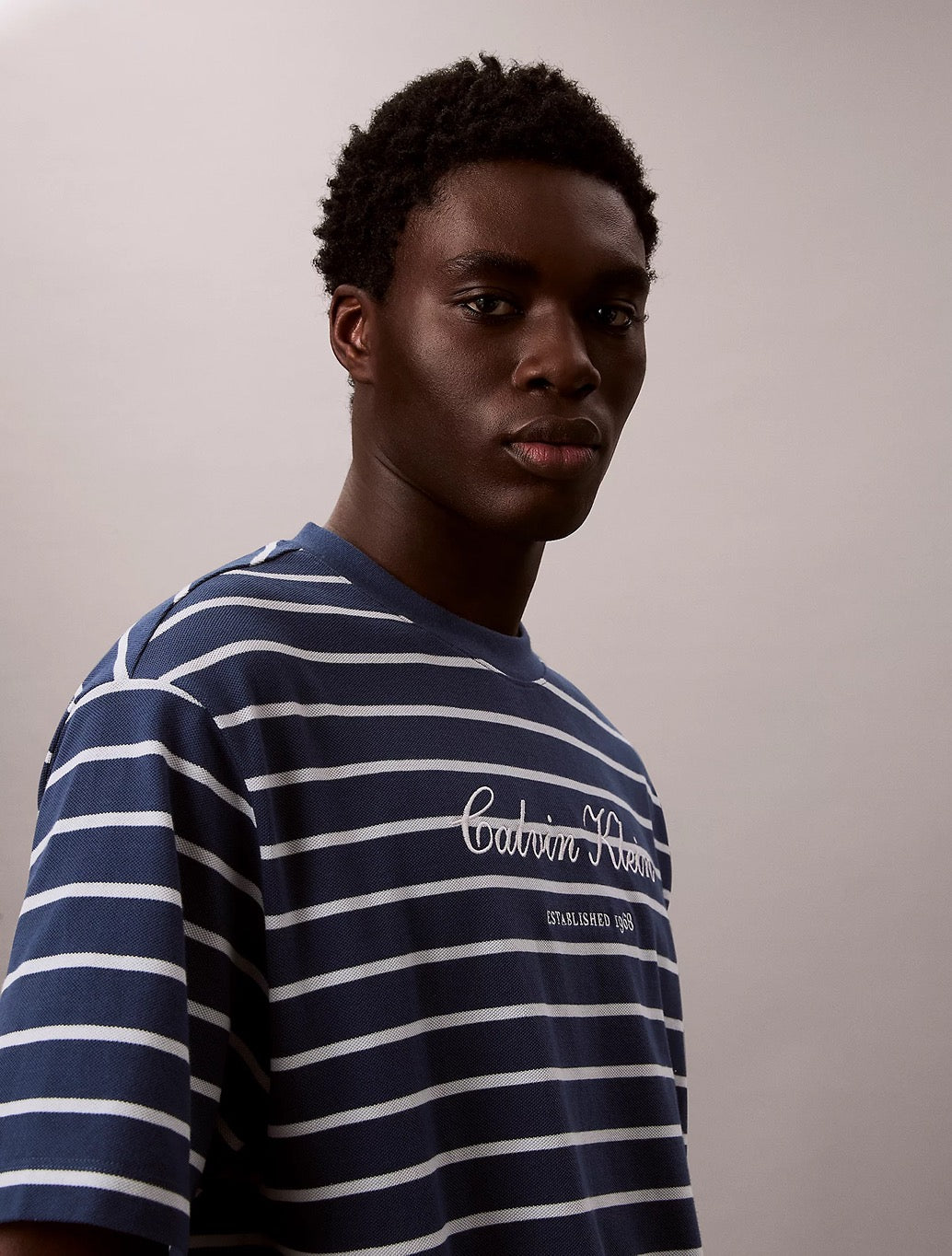 Calvin Klein Relaxed Cotton Piqué Stripe T-Shirt - Navy