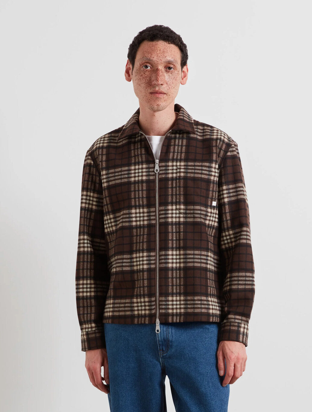 Farah Asher Zipped Check Overshirt in Dark Brown