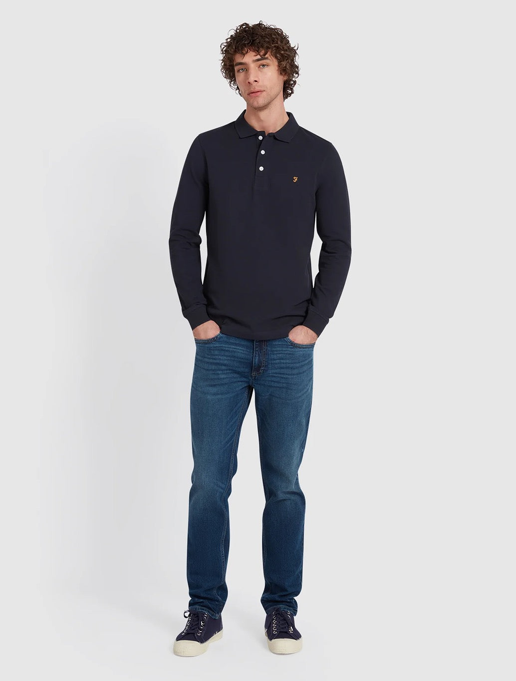Farah - Blanes Organic Cotton Long Sleeve Polo Shirt - Navy