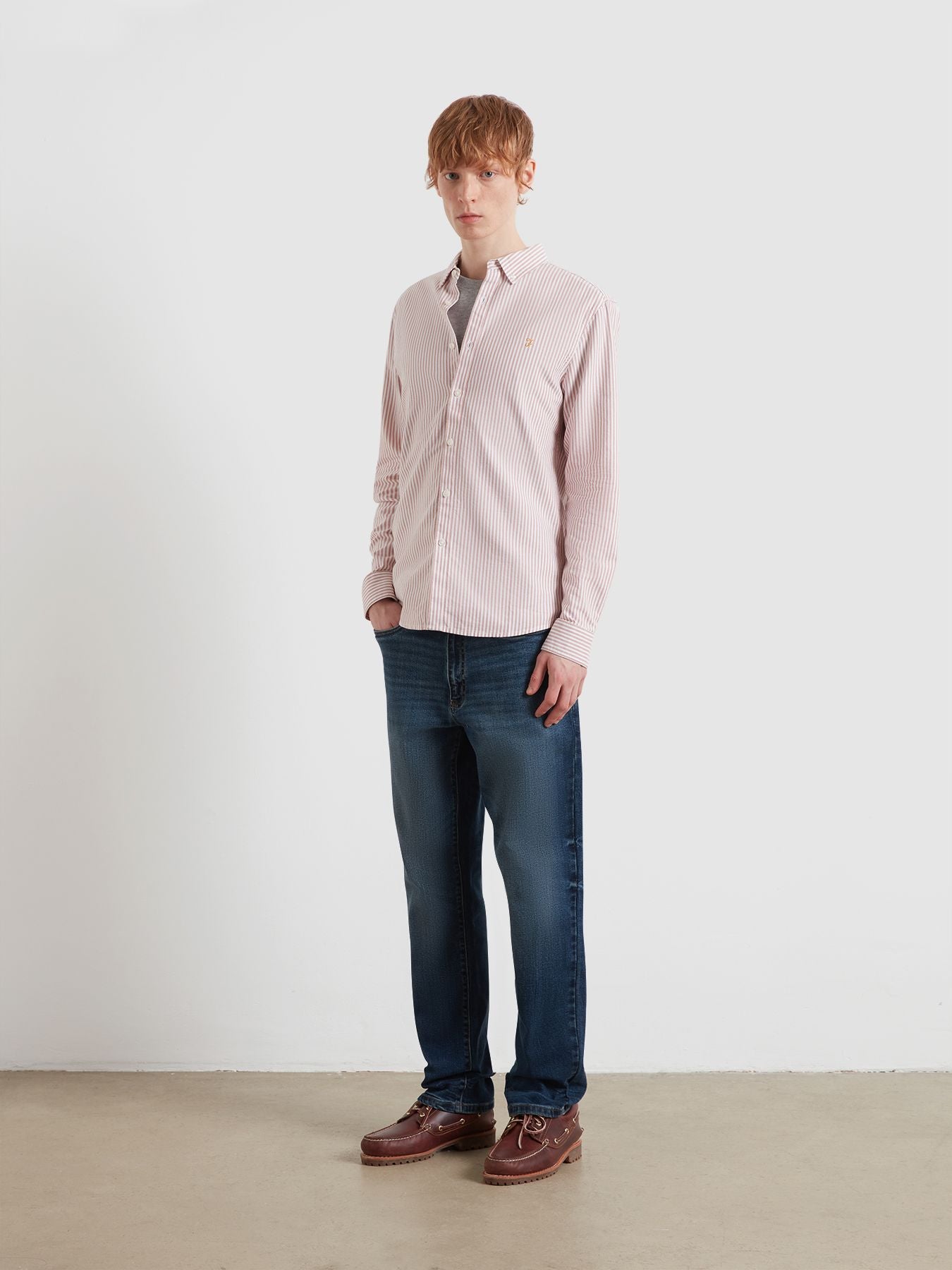 Farah Brewer Slim Fit Striped Organic Cotton Oxford Shirt in Peach