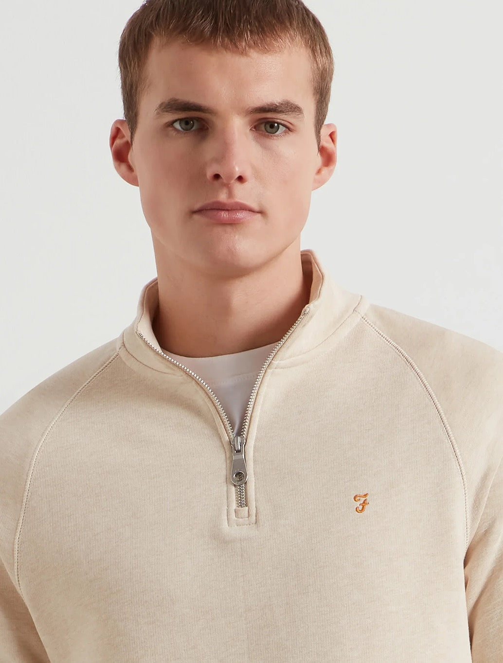 Farah Jim Organic Cotton Quarter Zip Sweatshirt in Cream