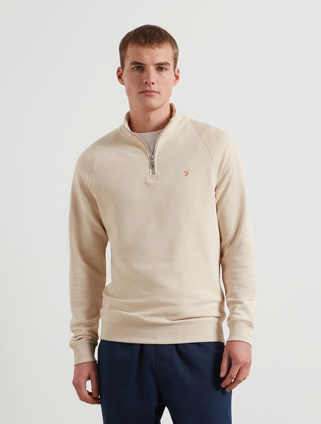 Farah Jim Organic Cotton Quarter Zip Sweatshirt in Cream