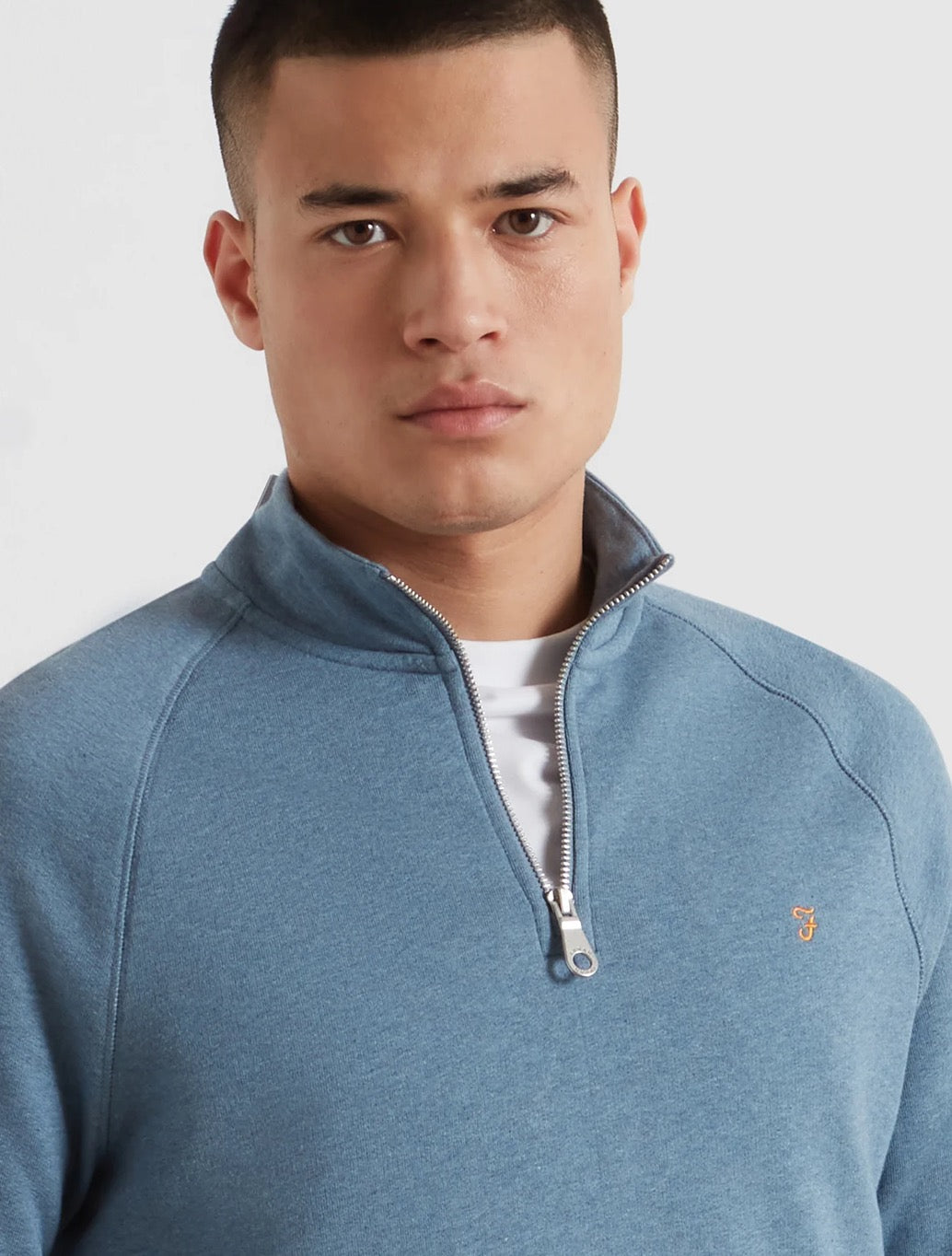 Farah Jim Organic Cotton Quarter Zip Sweatshirt in Denim Blue