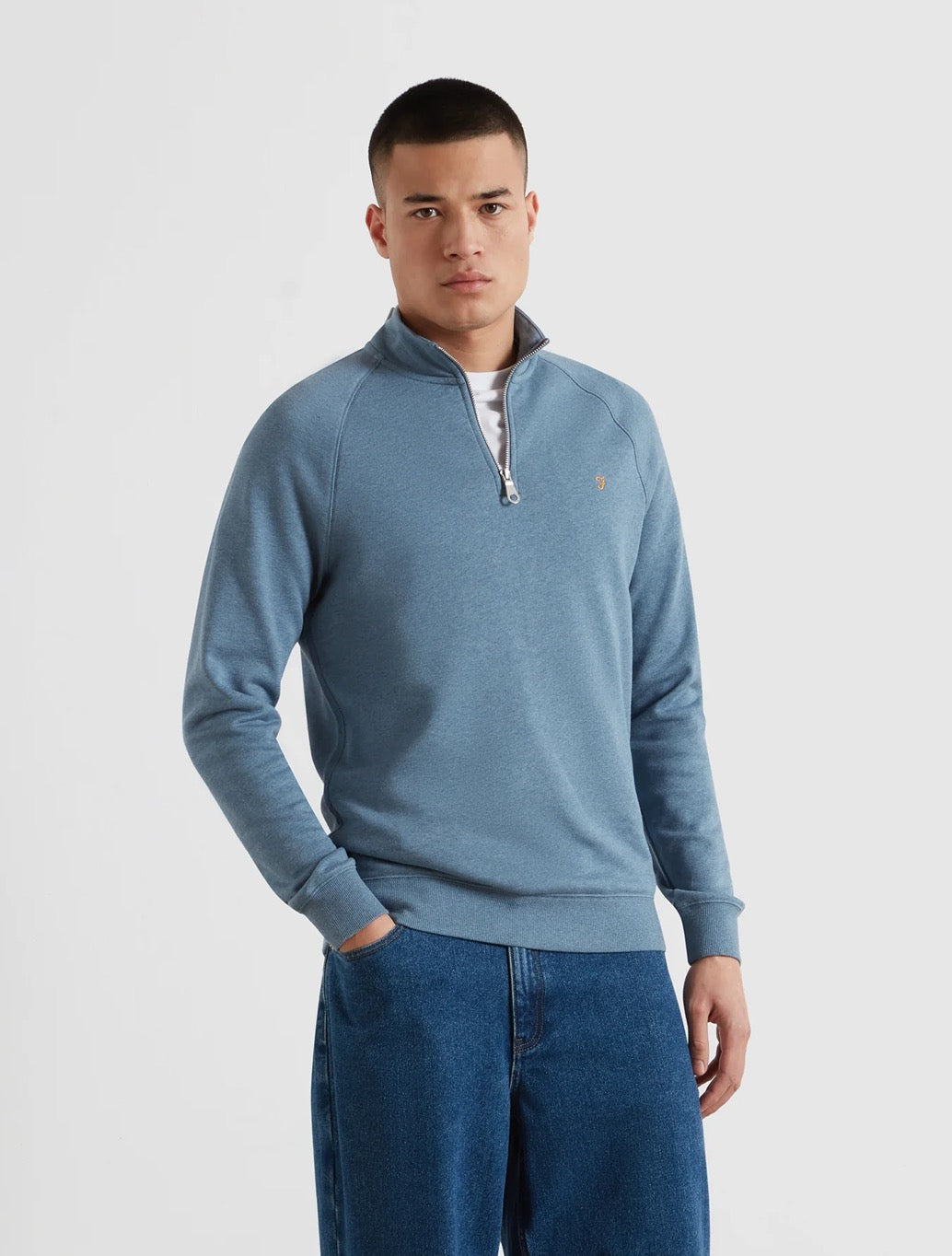 Farah Jim Organic Cotton Quarter Zip Sweatshirt in Denim Blue