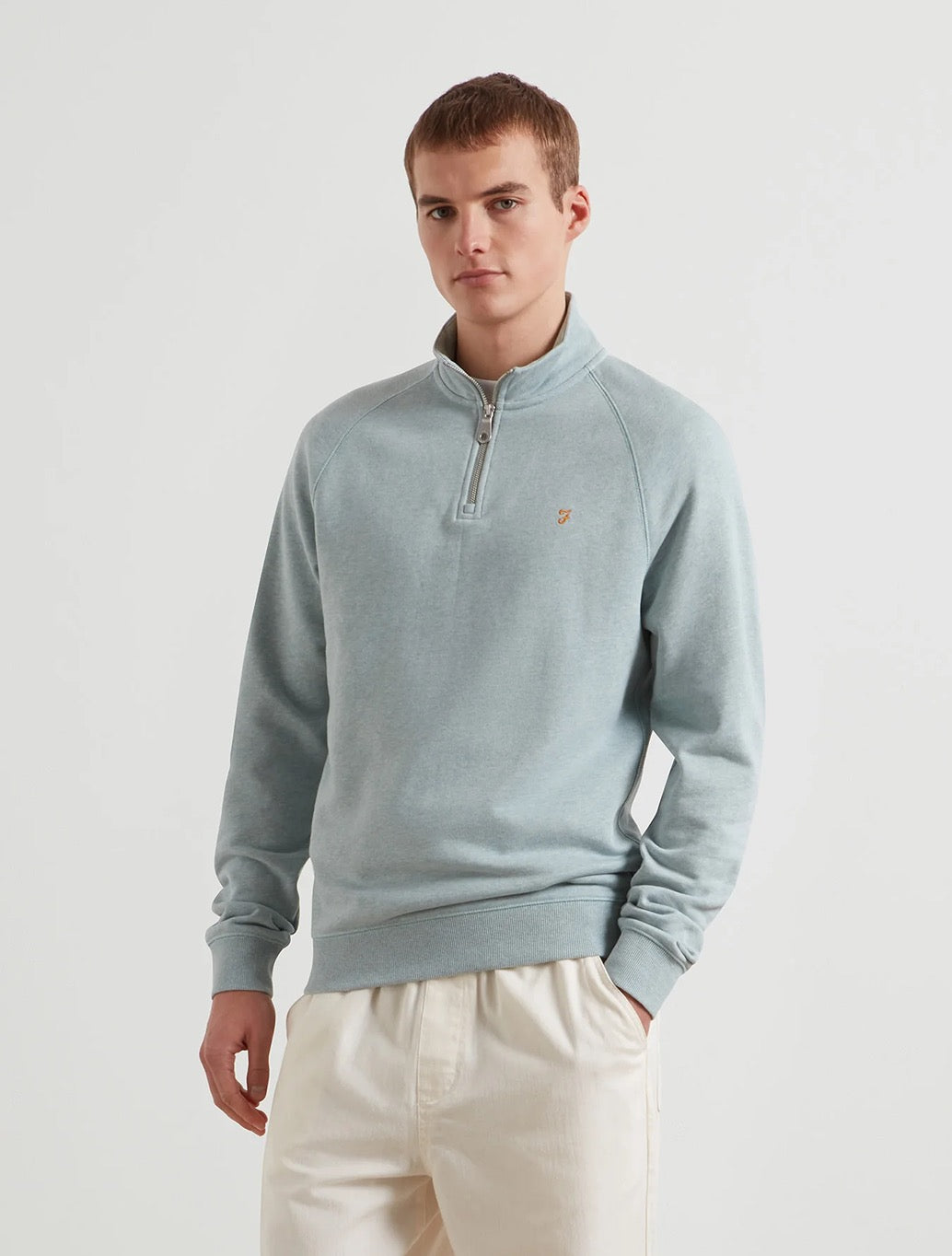 Farah Jim Organic Cotton Quarter Zip Sweatshirt in Light Green