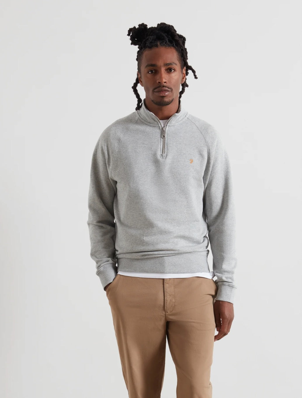 Farah Jim Organic Cotton Quarter Zip Sweatshirt in Light Grey