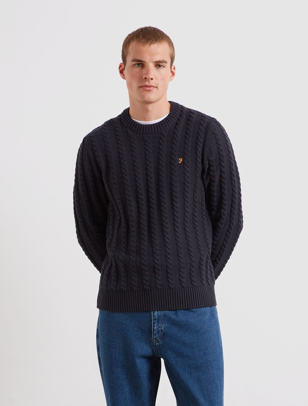 Farah Knight Cable Knit Sweater in True Navy