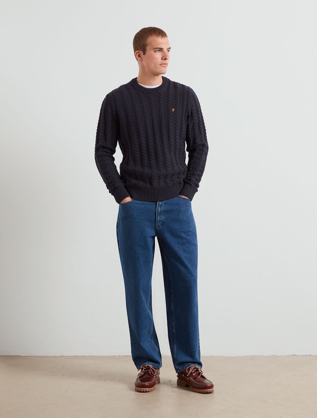 Farah Knight Cable Knit Sweater in True Navy