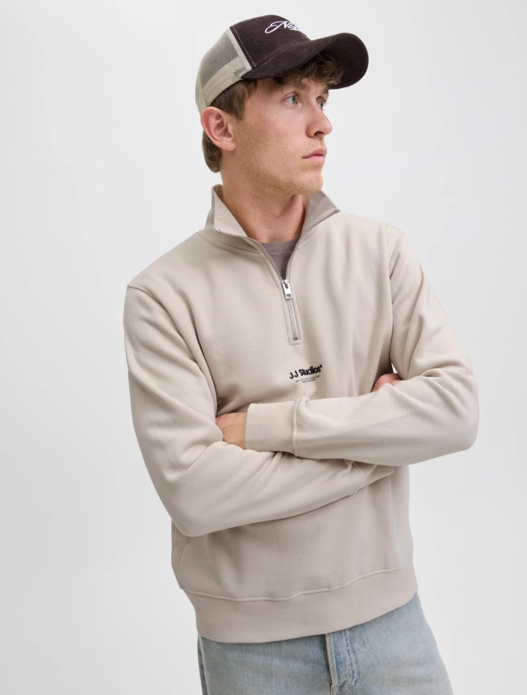 Jack & Jones - Printed Half Zip Sweatshirt - Beige