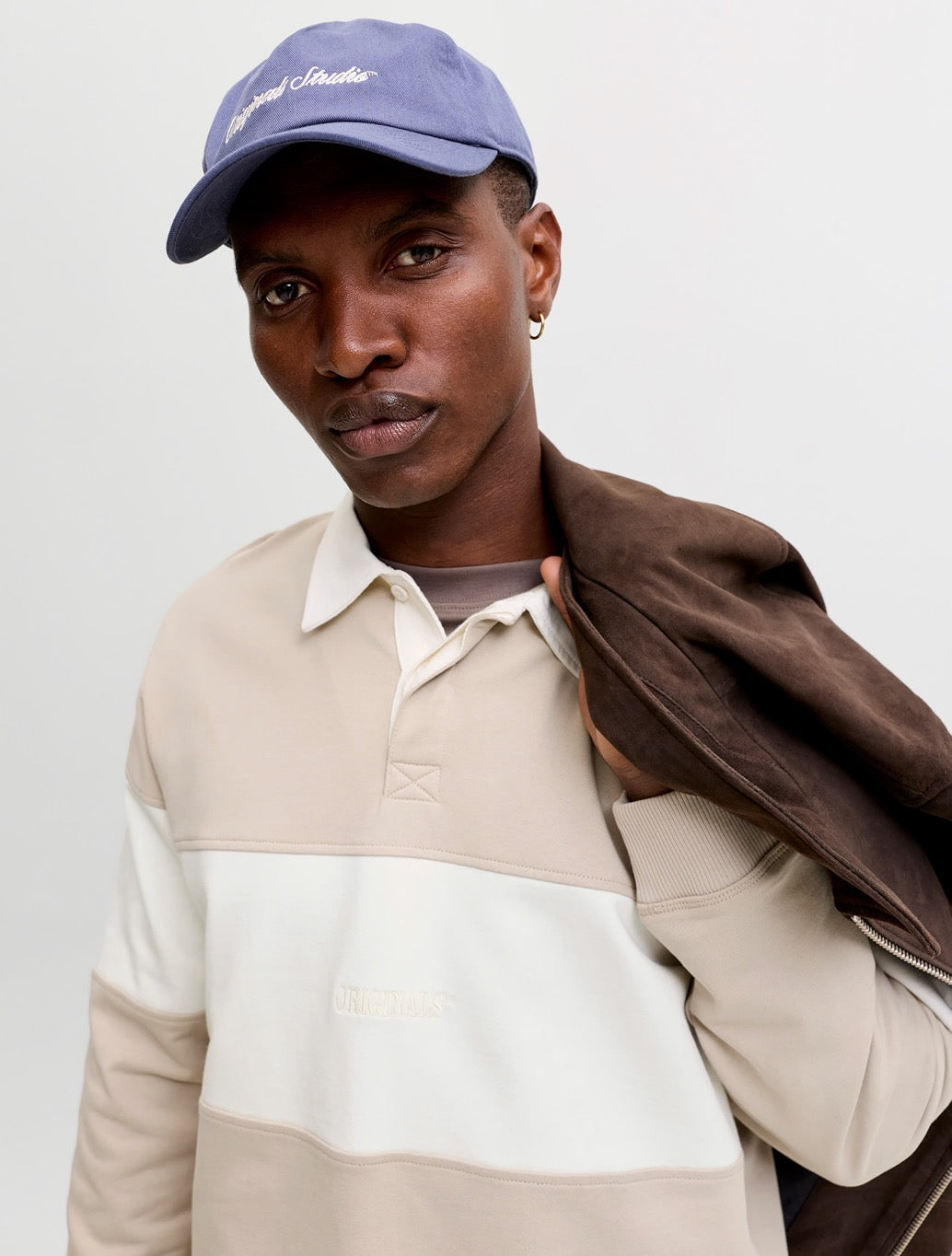 Jack & Jones Colour Block Rugby Sweatshirt in Beige Stripe