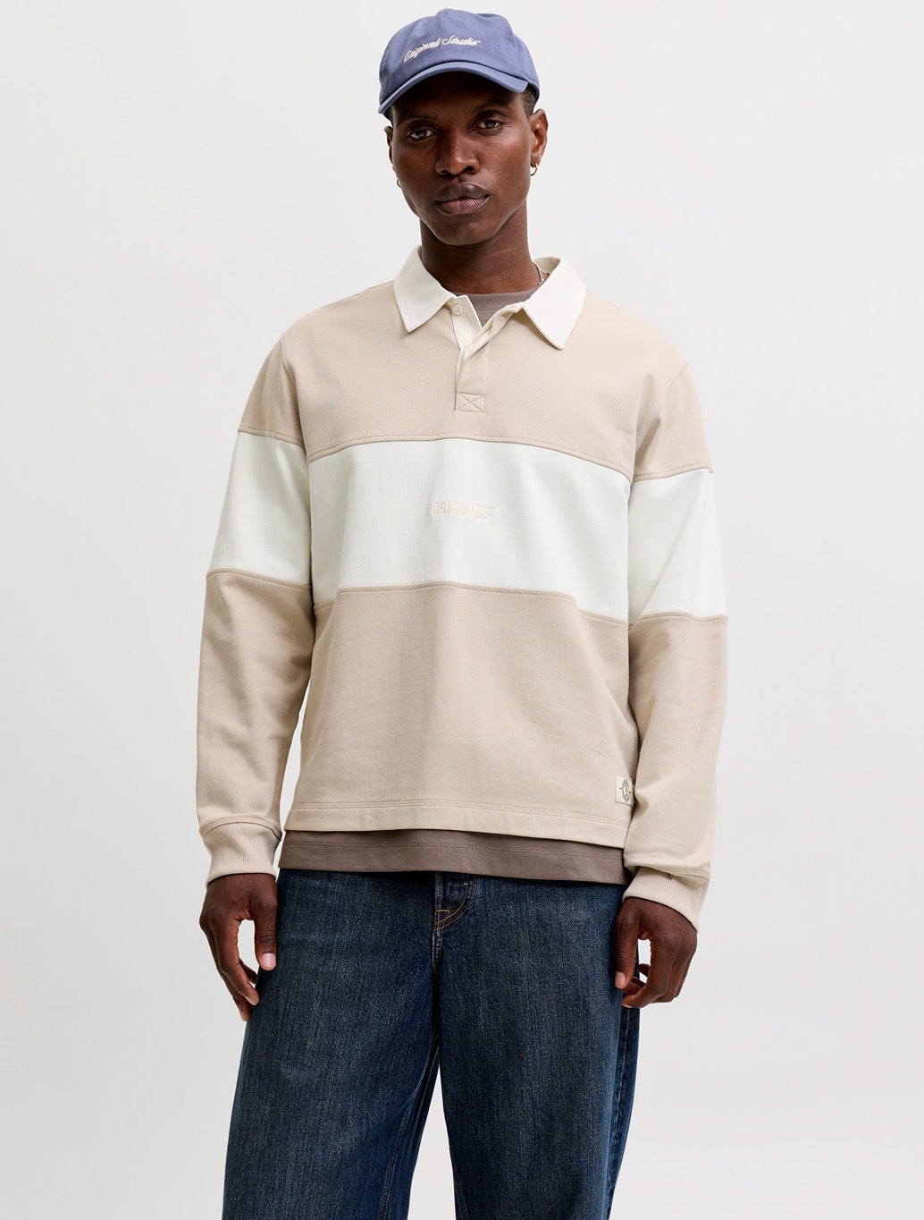 Jack & Jones Colour Block Rugby Sweatshirt in Beige Stripe