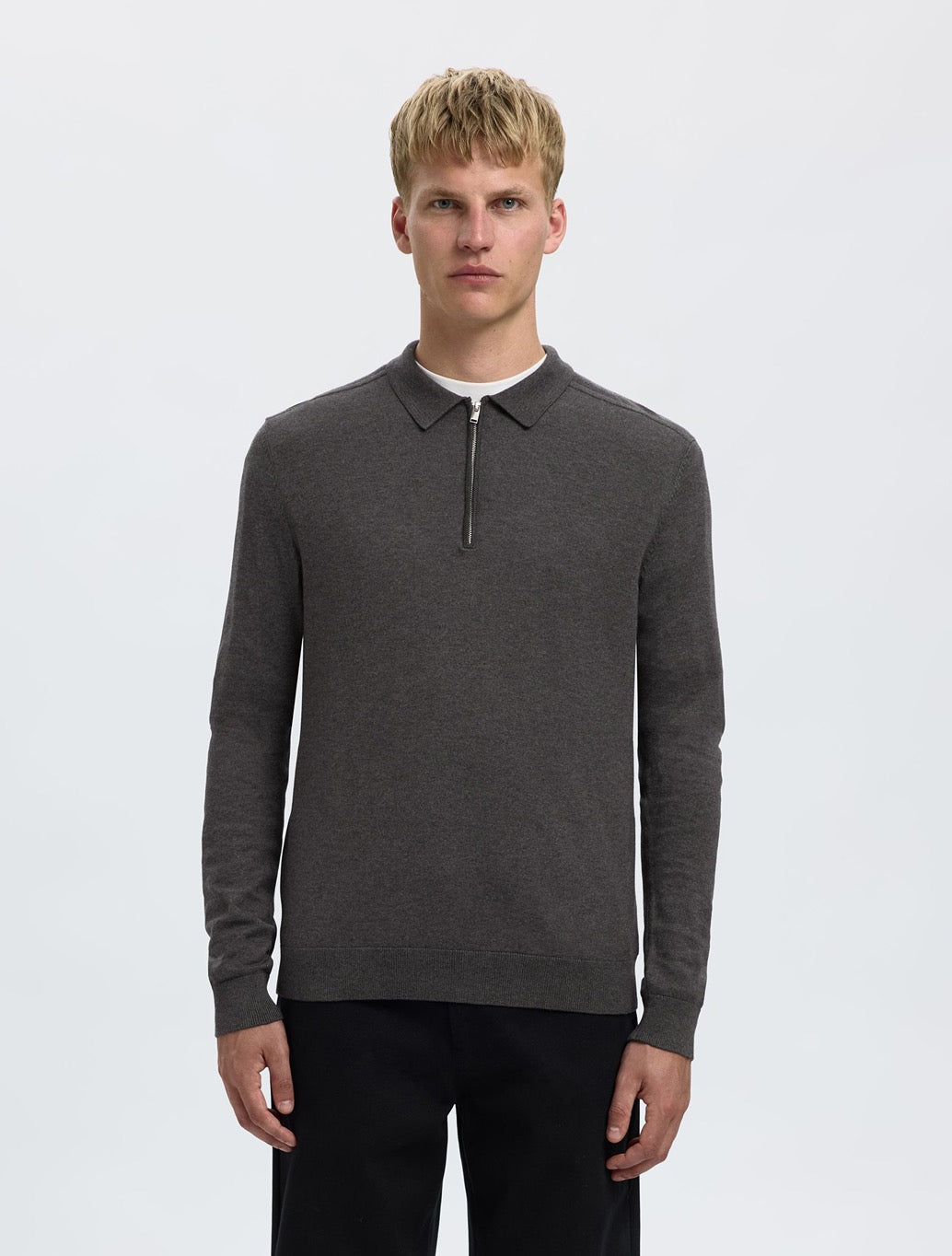 Selected - Berg Knitted Long Sleeved Polo - Charcoal