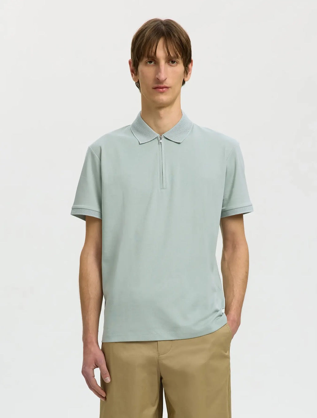 Selected - Fave Zippper Polo Top - Light Khaki
