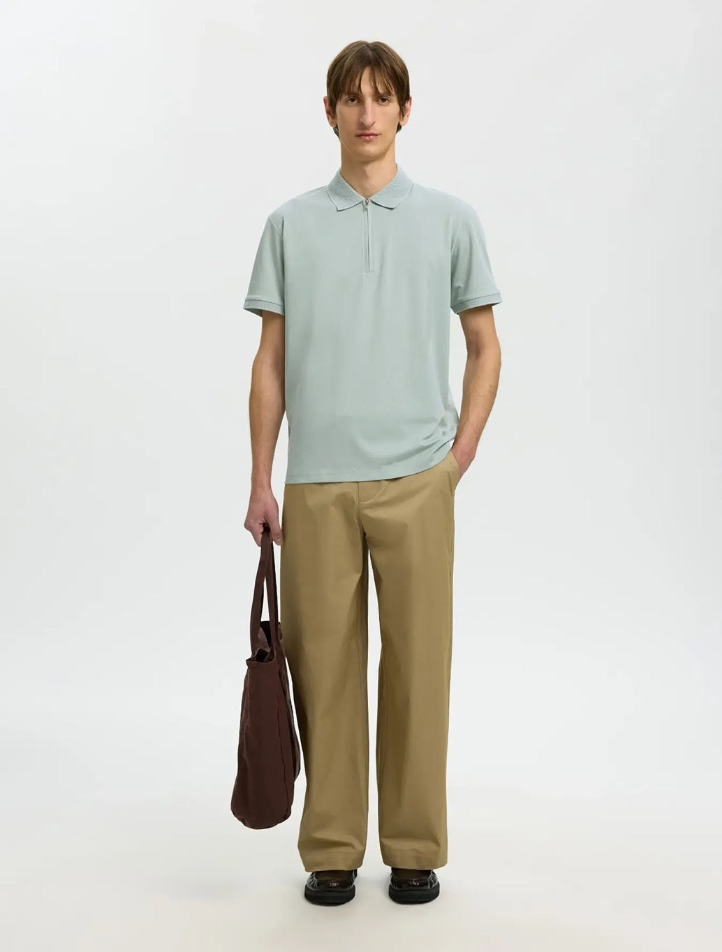 Selected - Fave Zippper Polo Top - Light Khaki