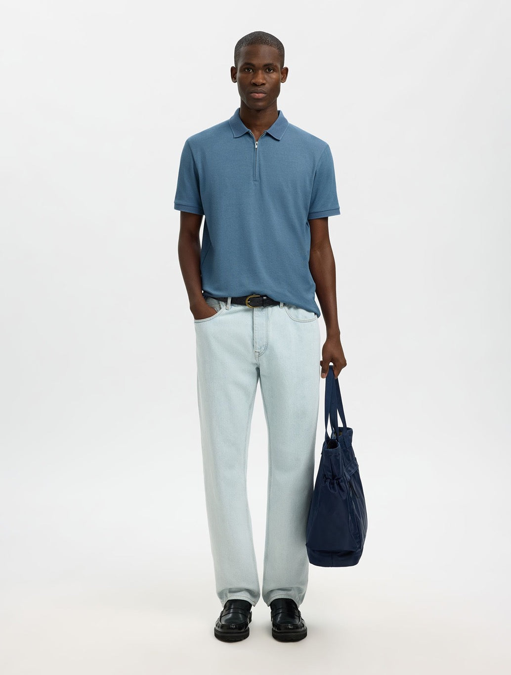 Selected - Fave Zippper Polo Top - Petrol Blue