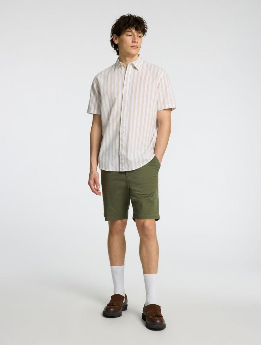 Selected Homme - Classic Short Sleeved Shirt - Beige Stripe