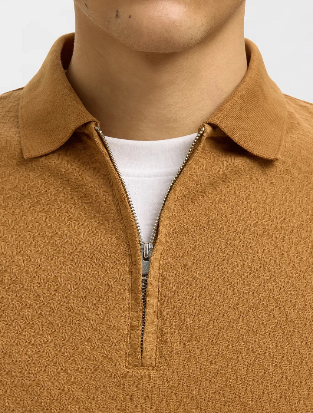 Selected - Isaac Zip Knit Polo - Camel
