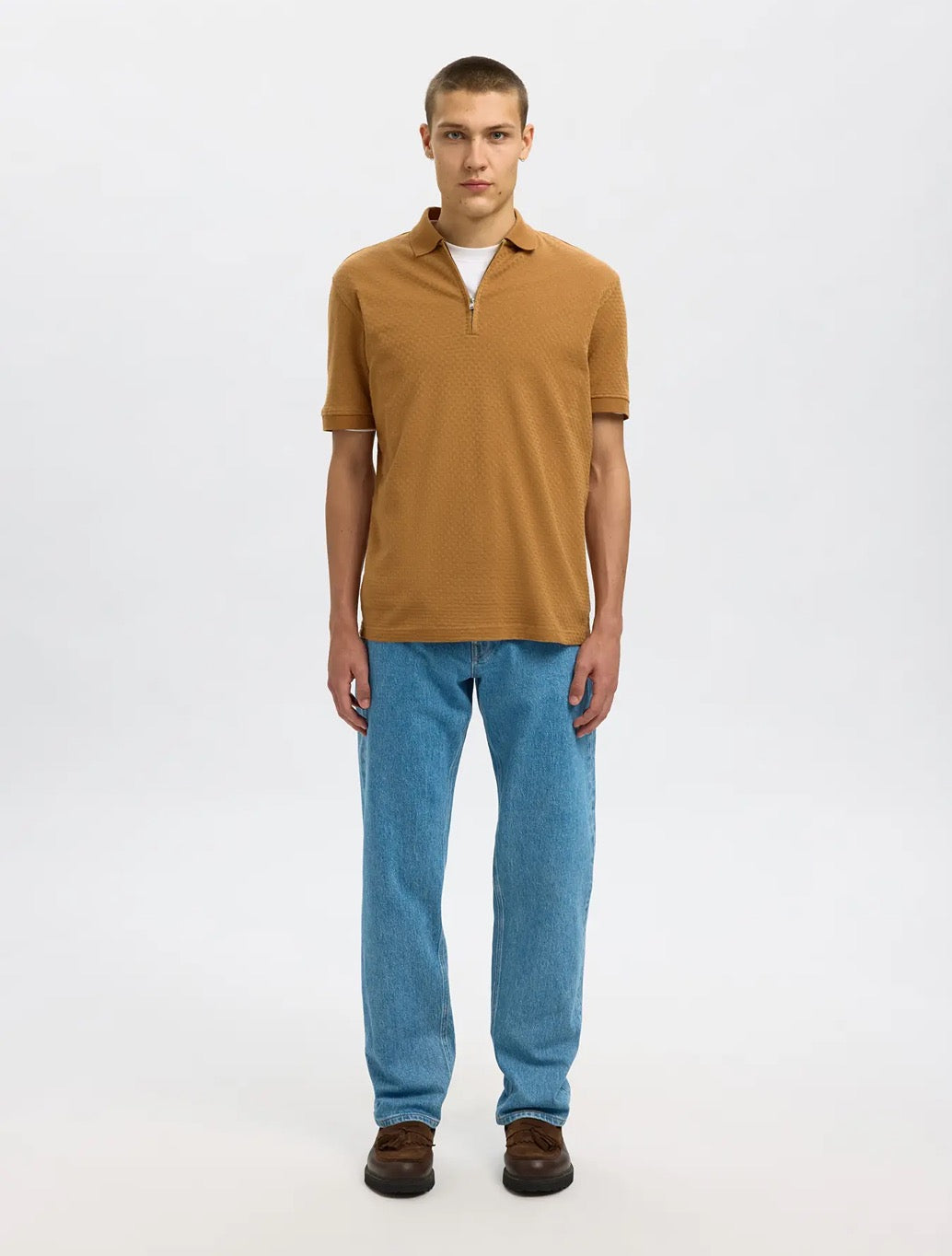 Selected - Isaac Zip Knit Polo - Camel