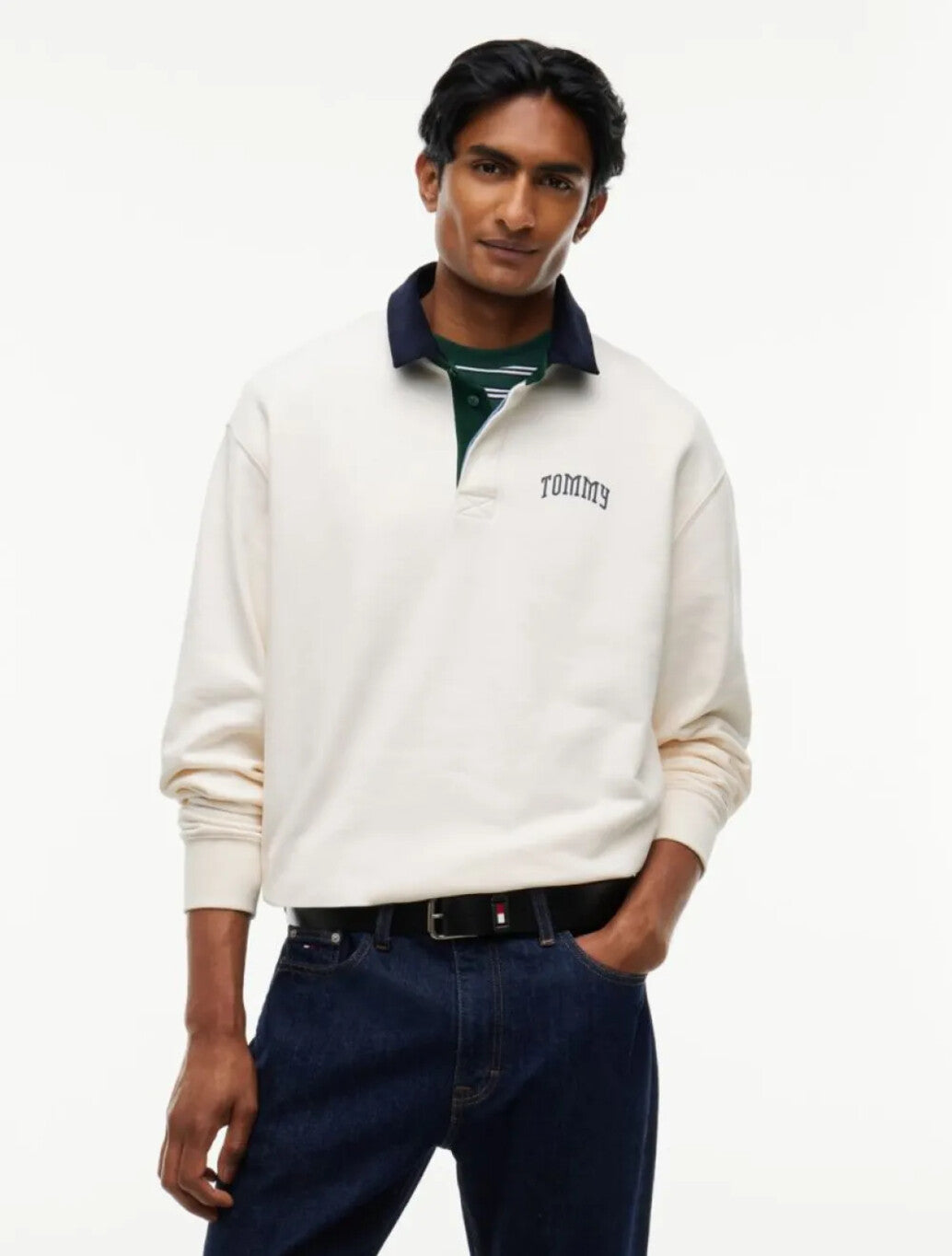 Tommy Jeans Contrast Collar Rugby Shirt in Off White