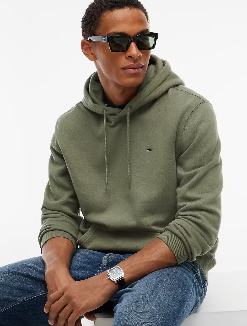 Tommy Jeans Flag Embroidery Fleece Hoody in Khaki