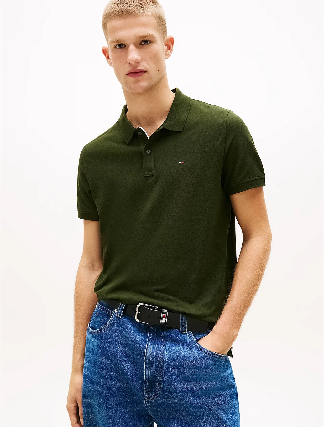Tommy Jeans Flag Slim Fit Pique Polo Shirt - Dark Green