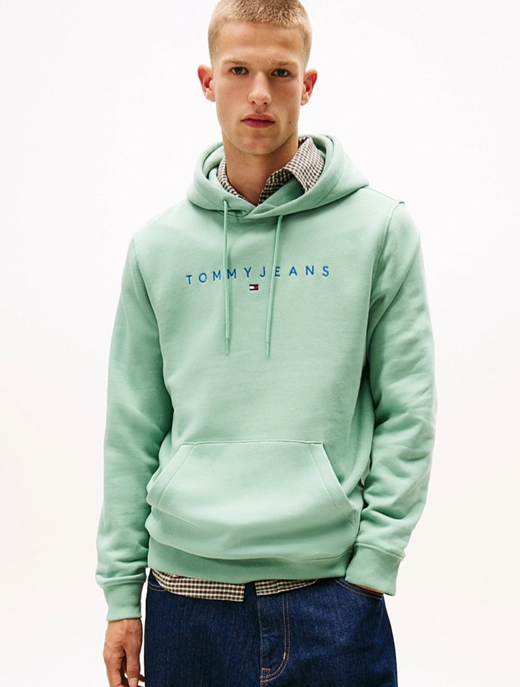 Tommy Jeans - Linear Logo Embroidery Kangaroo Pocket Hoody - Mint Green