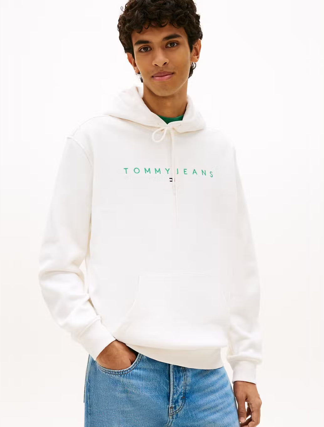 Tommy Jeans - Linear Logo Embroidery Kangaroo Pocket Hoody - Off White