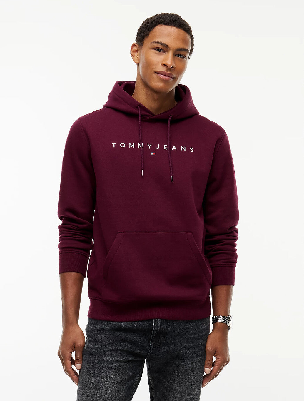Tommy Jeans Linear Logo Fleece Drawstring Hoody in Burgundy