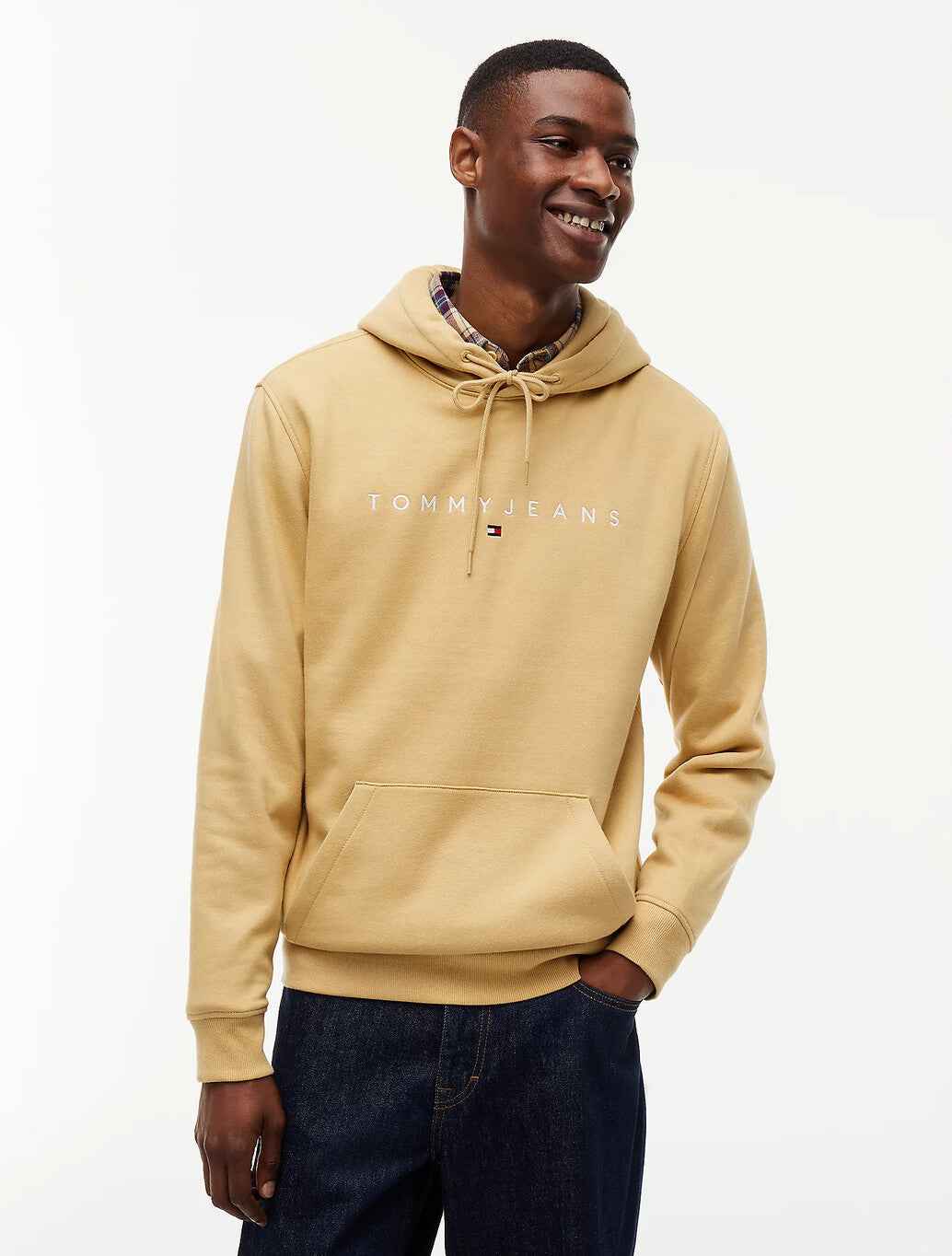 Tommy Jeans Linear Logo Fleece Drawstring Hoody in Sand