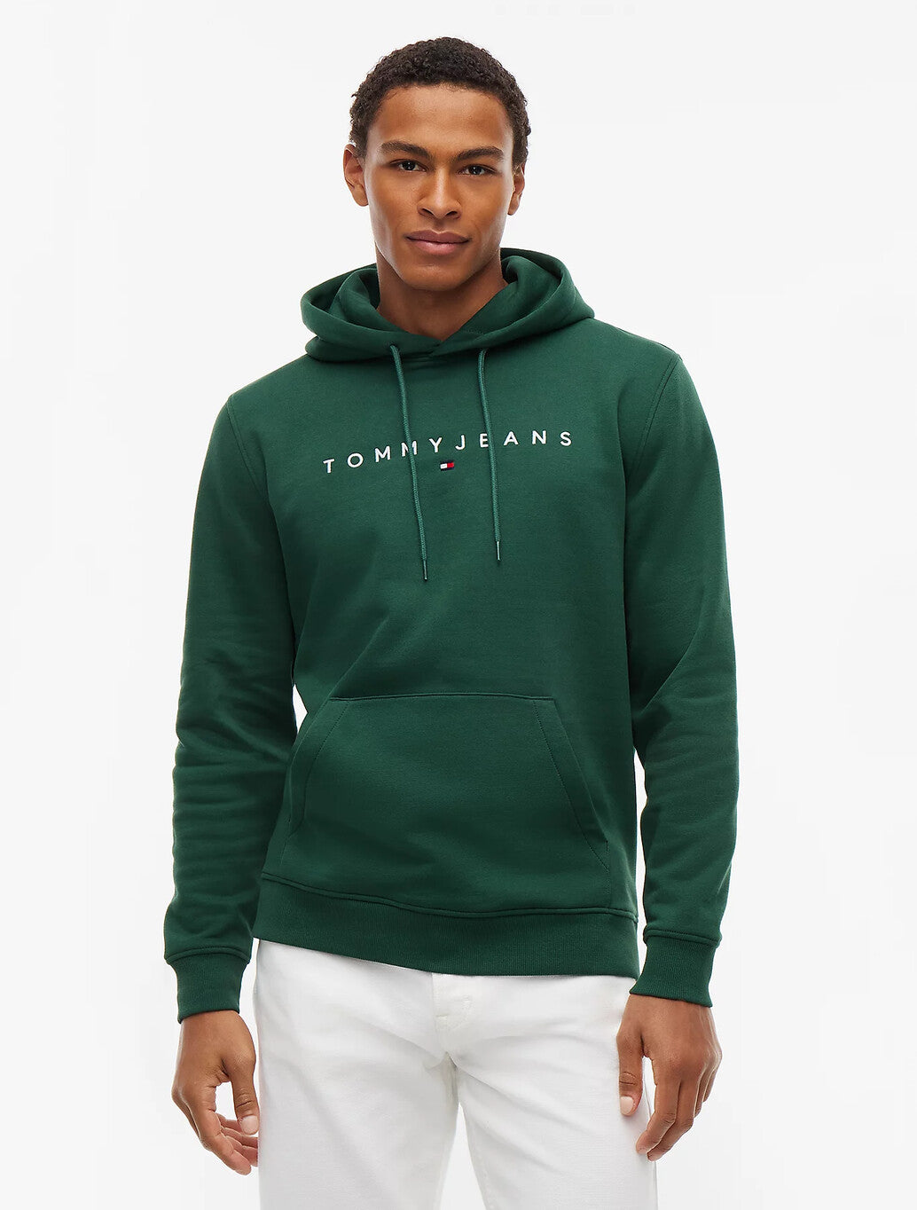 Tommy Jeans Linear Logo Fleece Drawstring Hoody in Velvet Green