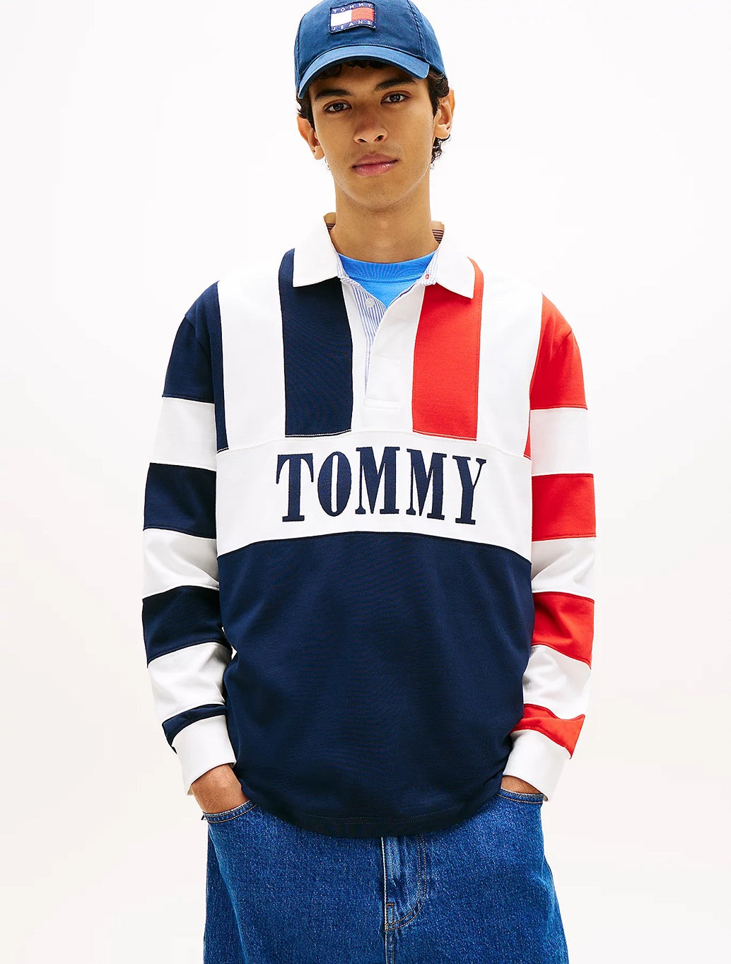 Tommy Jeans - Relaxed Fit Colour-Blocked Rugby Shirt - Navy Stripe
