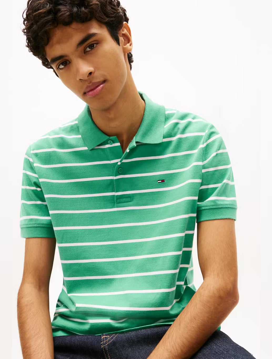 Tommy Jeans Striped Pique Polo Shirt in Green