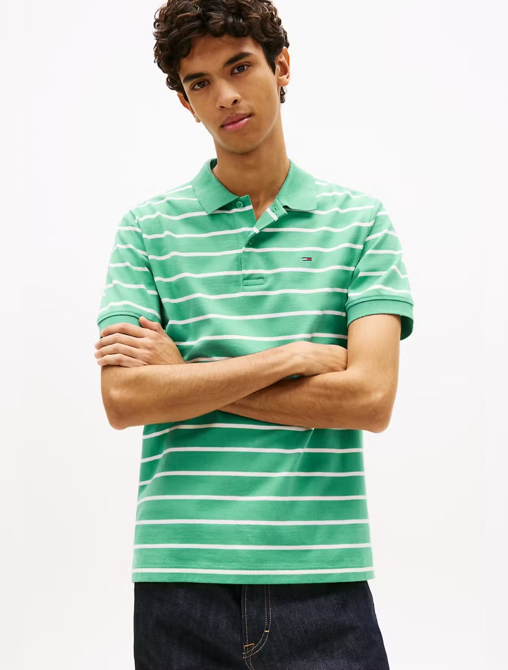 Tommy Jeans Striped Pique Polo Shirt in Green