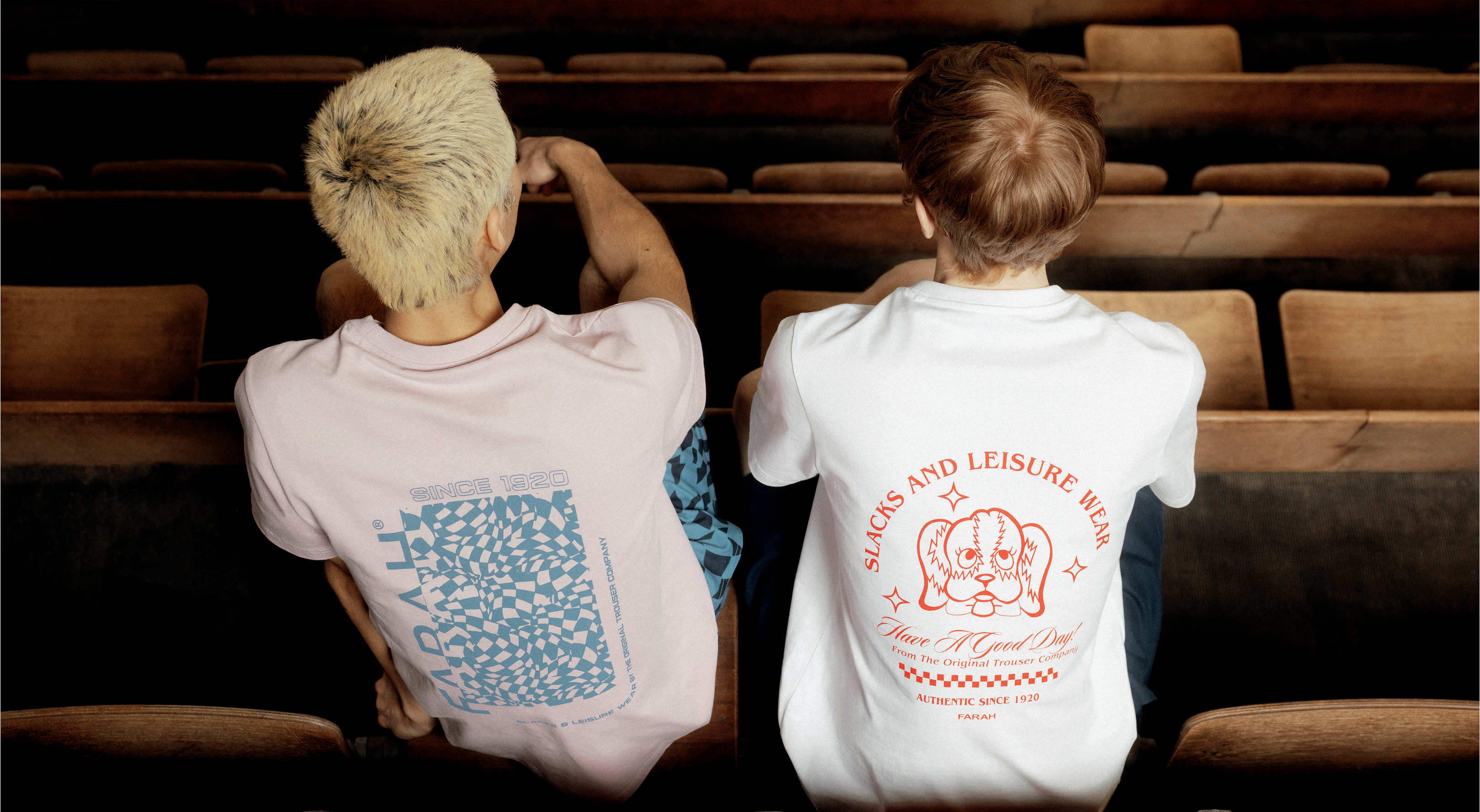 Farah mens graphic t-shirts with back print designs, styled on models in a cinema