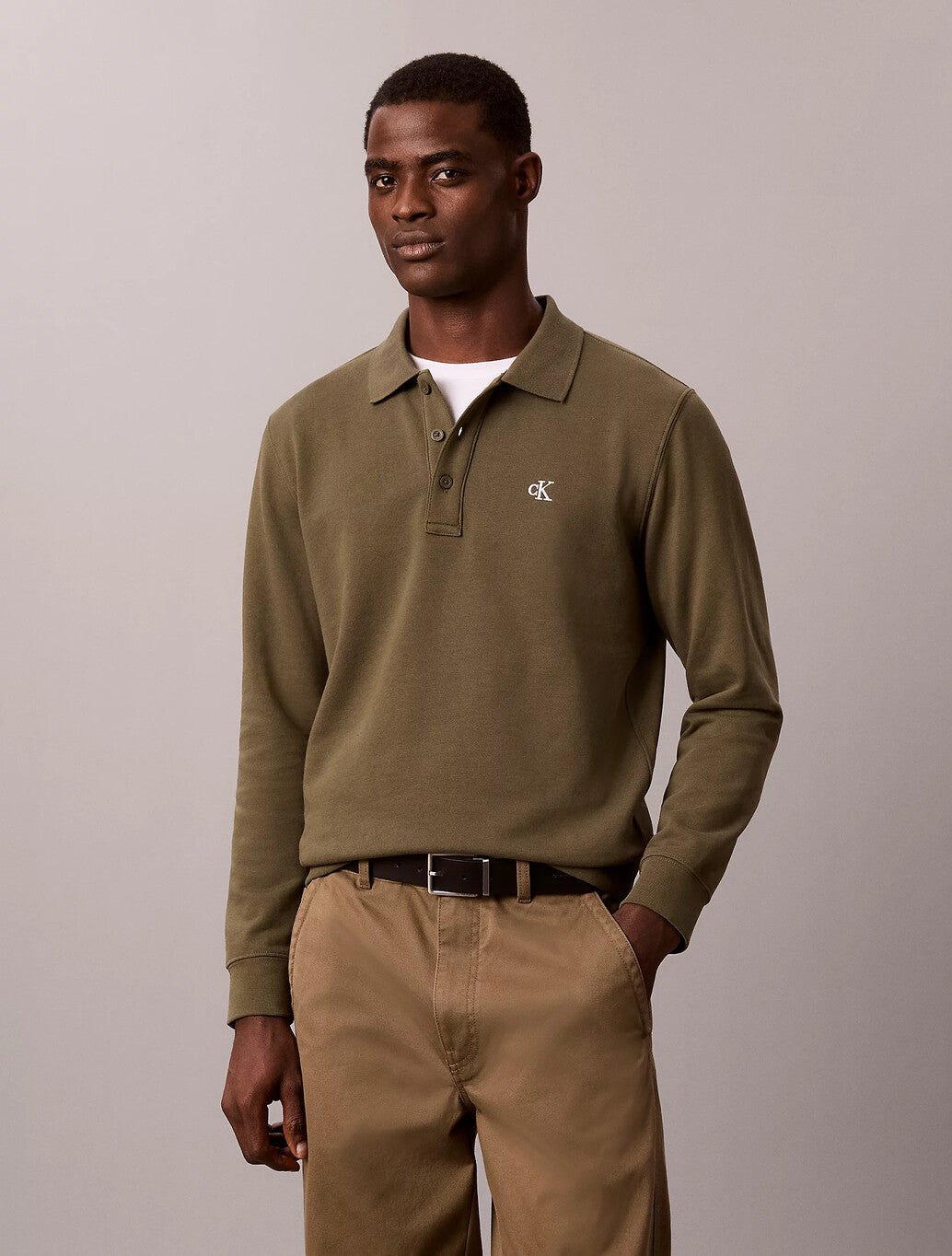 Calvin Klein Cotton Terry Polo Sweatshirt in Olive Night