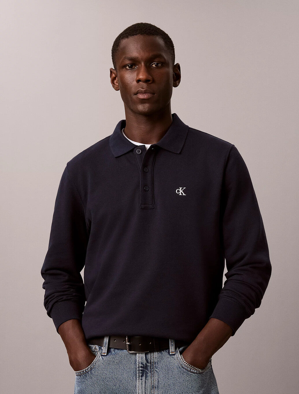 Calvin Klein Cotton Terry Polo Sweatshirt in Dark Sapphire