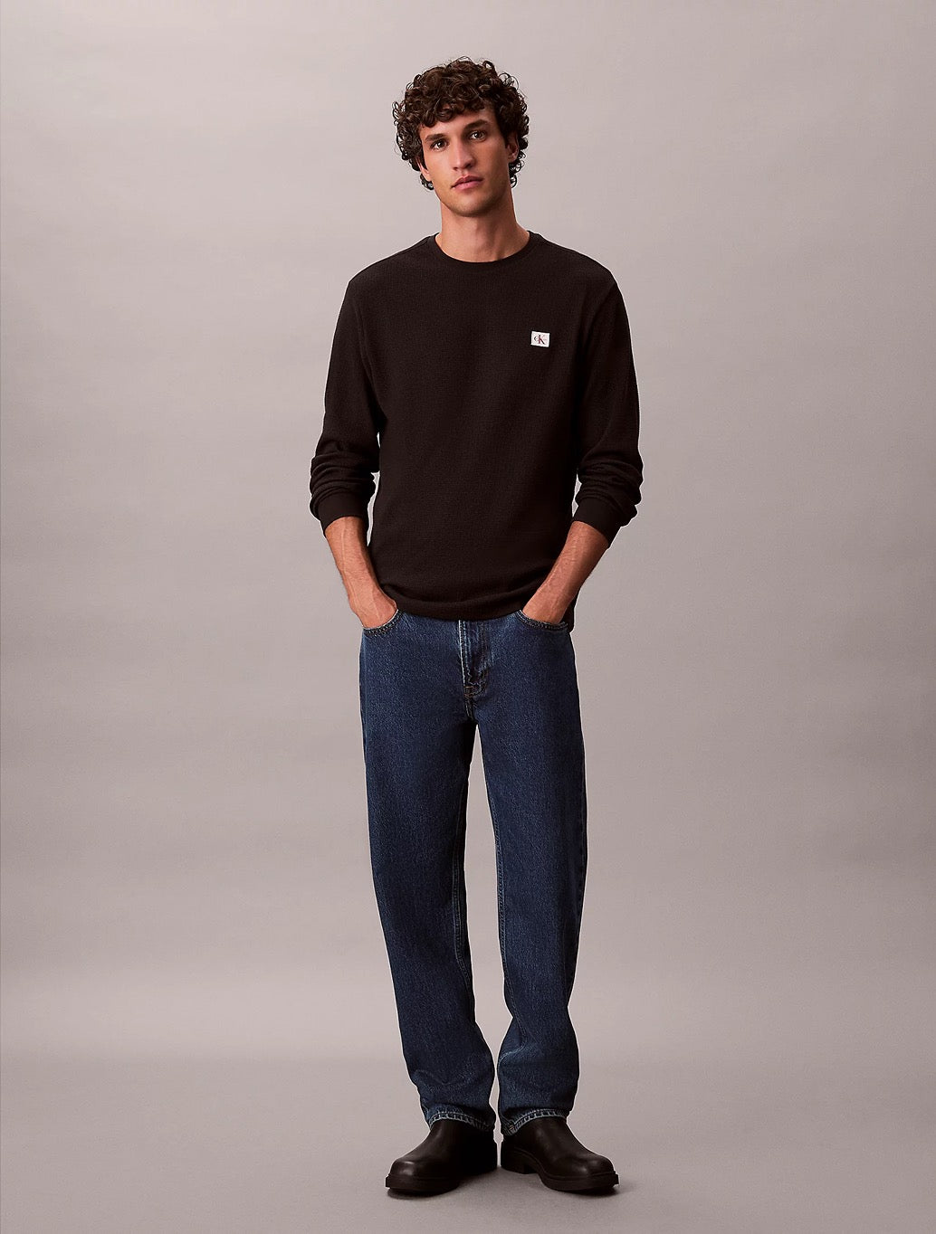 Calvin Klein Long Sleeve Waffle T-Shirt in Black