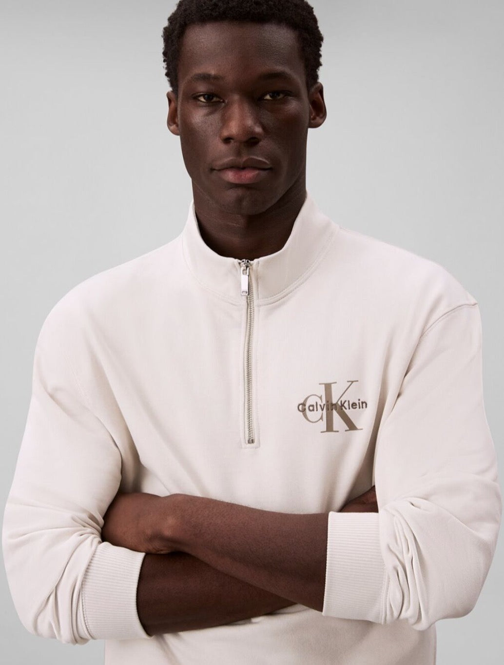 Calvin Klein - Cotton Terry Micro Monogram Zip Sweatshirt - Beige