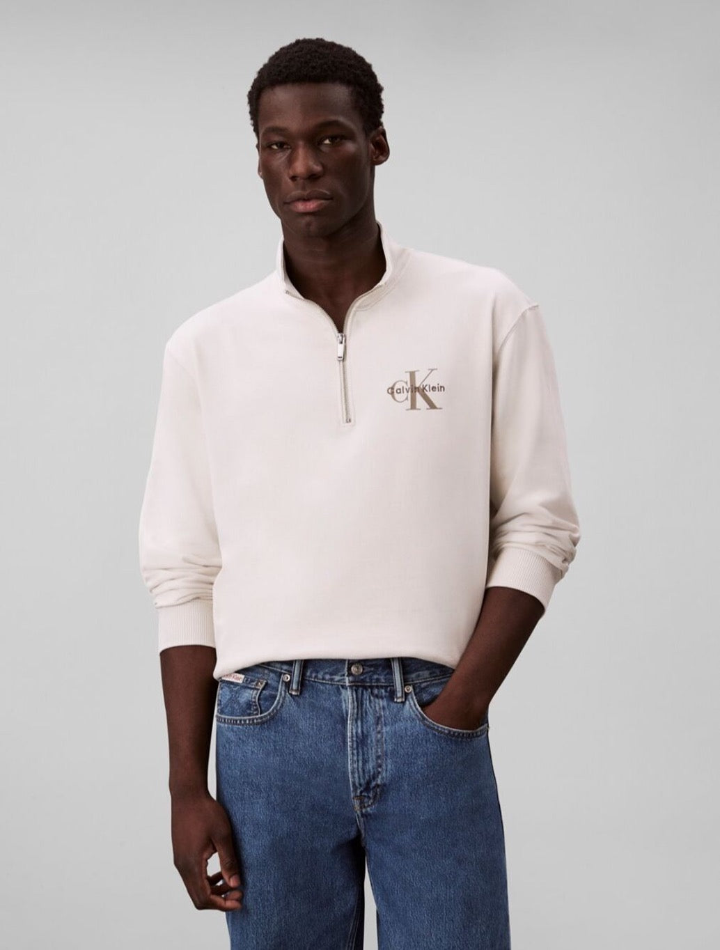 Calvin Klein - Cotton Terry Micro Monogram Zip Sweatshirt - Beige