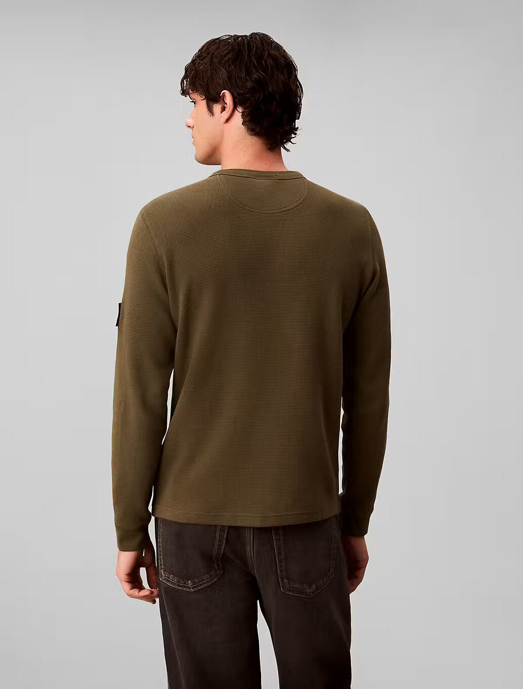 Calvin Klein Waffle Badge Long Sleeve T-Shirt in Olive Night