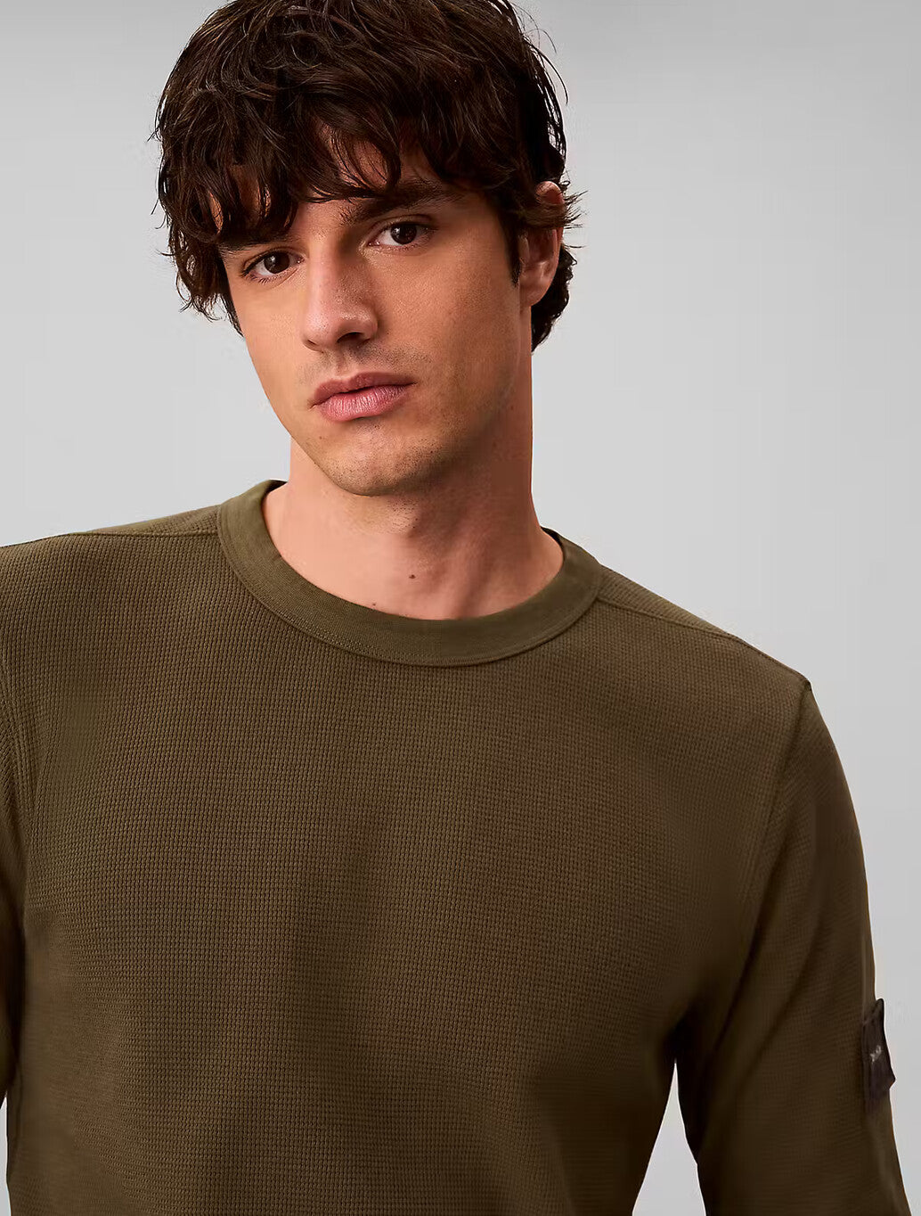Calvin Klein Waffle Badge Long Sleeve T-Shirt in Olive Night