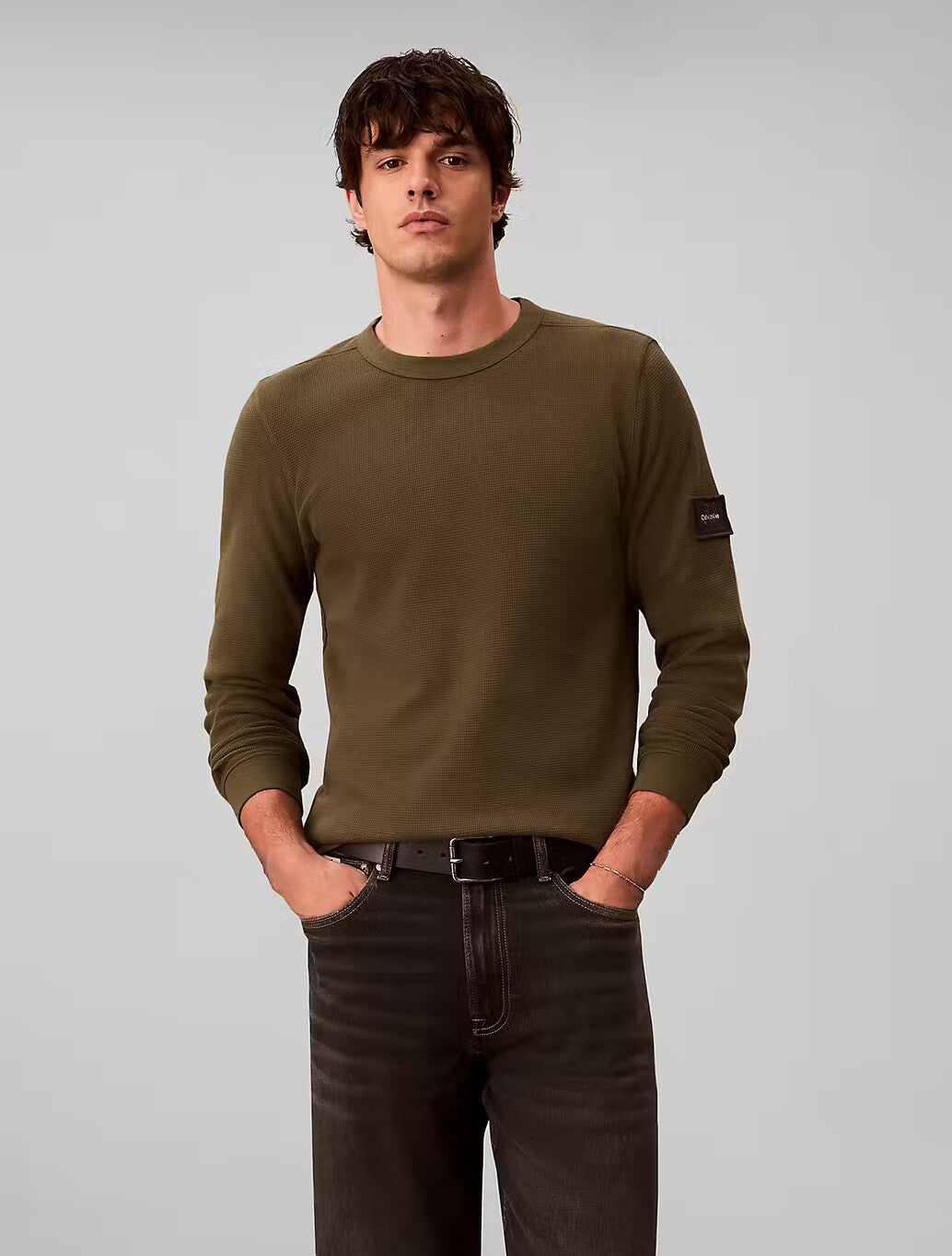 Calvin Klein Waffle Badge Long Sleeve T-Shirt in Olive Night