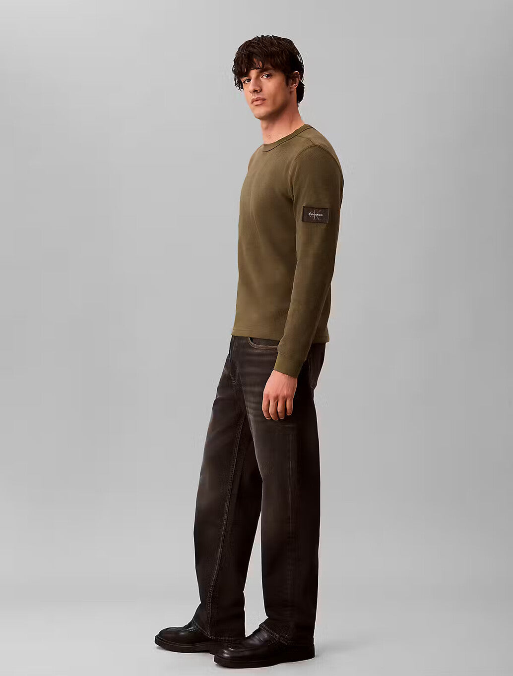 Calvin Klein Waffle Badge Long Sleeve T-Shirt in Olive Night