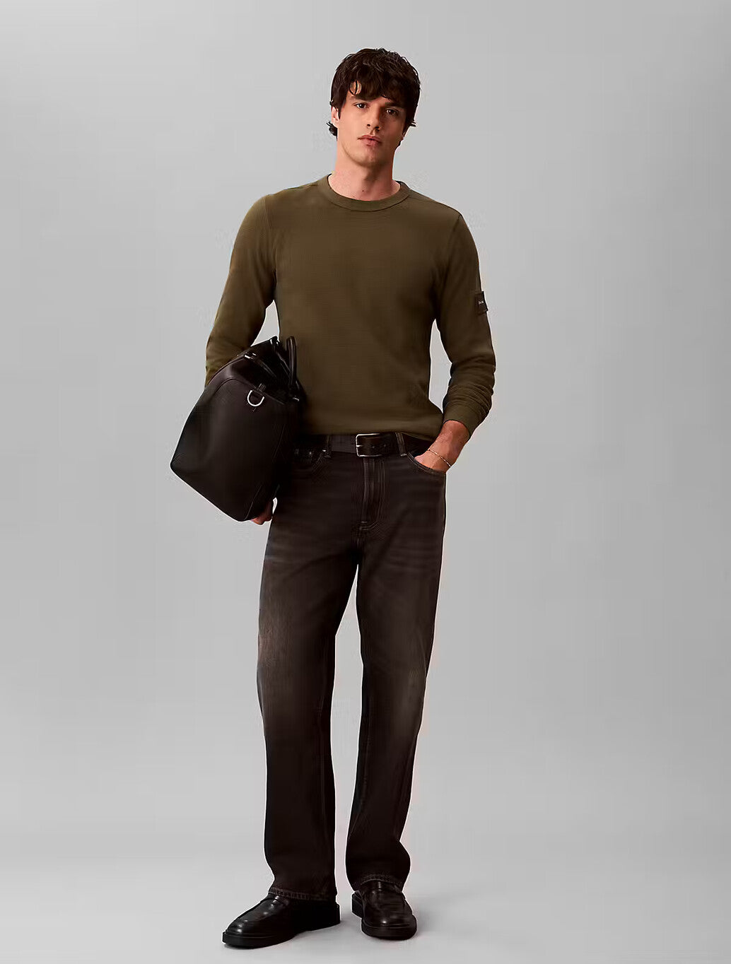 Calvin Klein Waffle Badge Long Sleeve T-Shirt in Olive Night