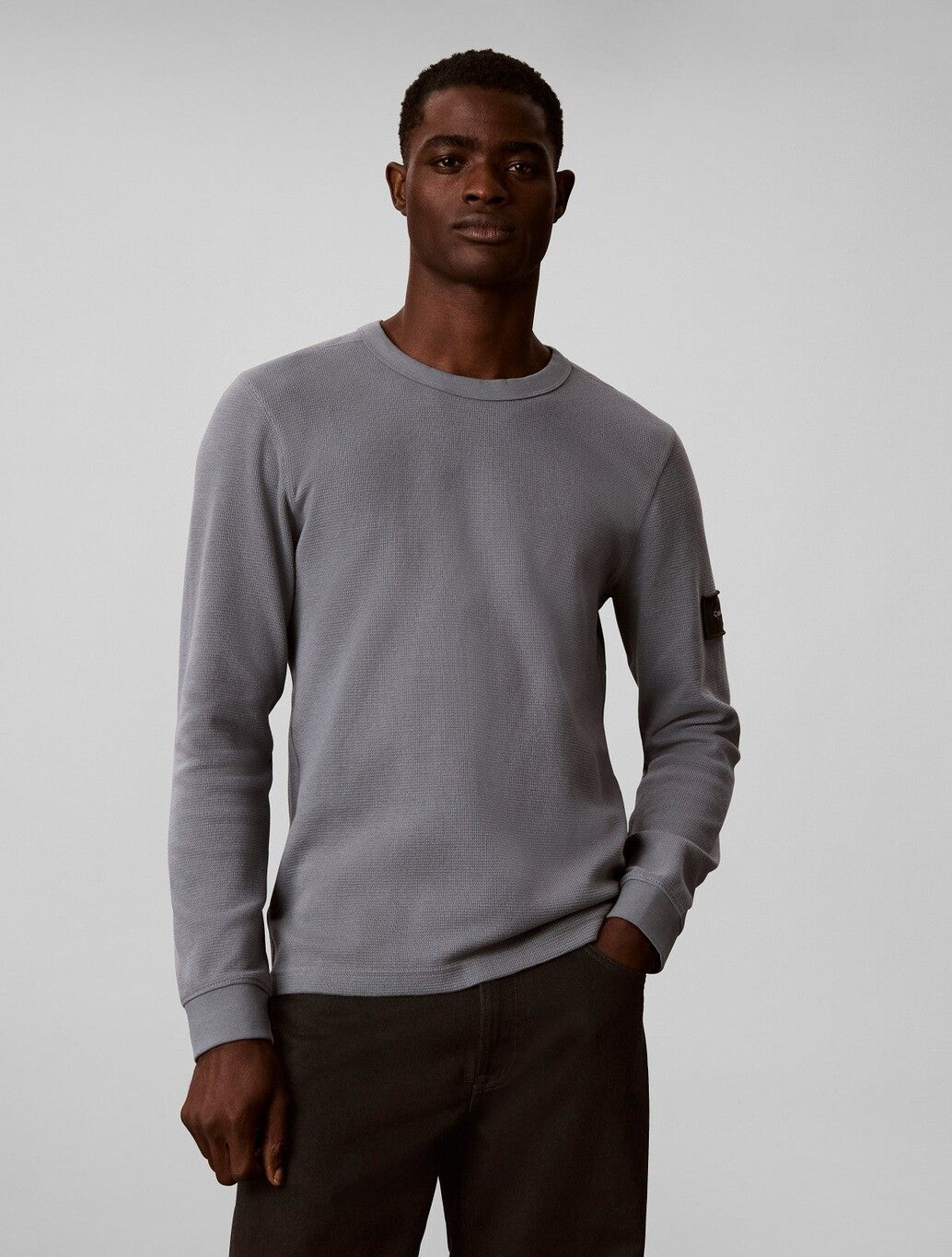 Calvin Klein Waffle Badge Long Sleeve T-Shirt in Steel Grey