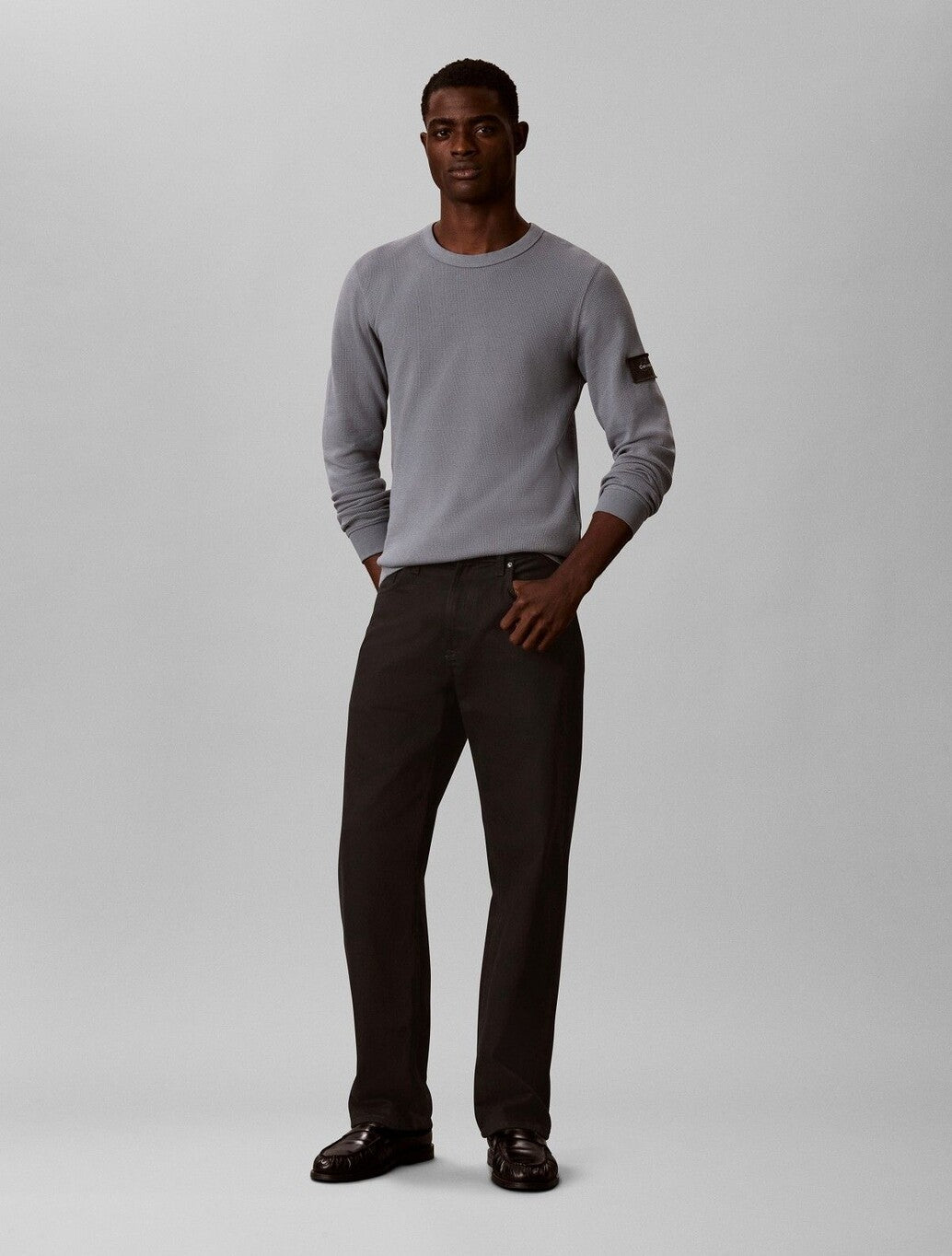 Calvin Klein Waffle Badge Long Sleeve T-Shirt in Steel Grey
