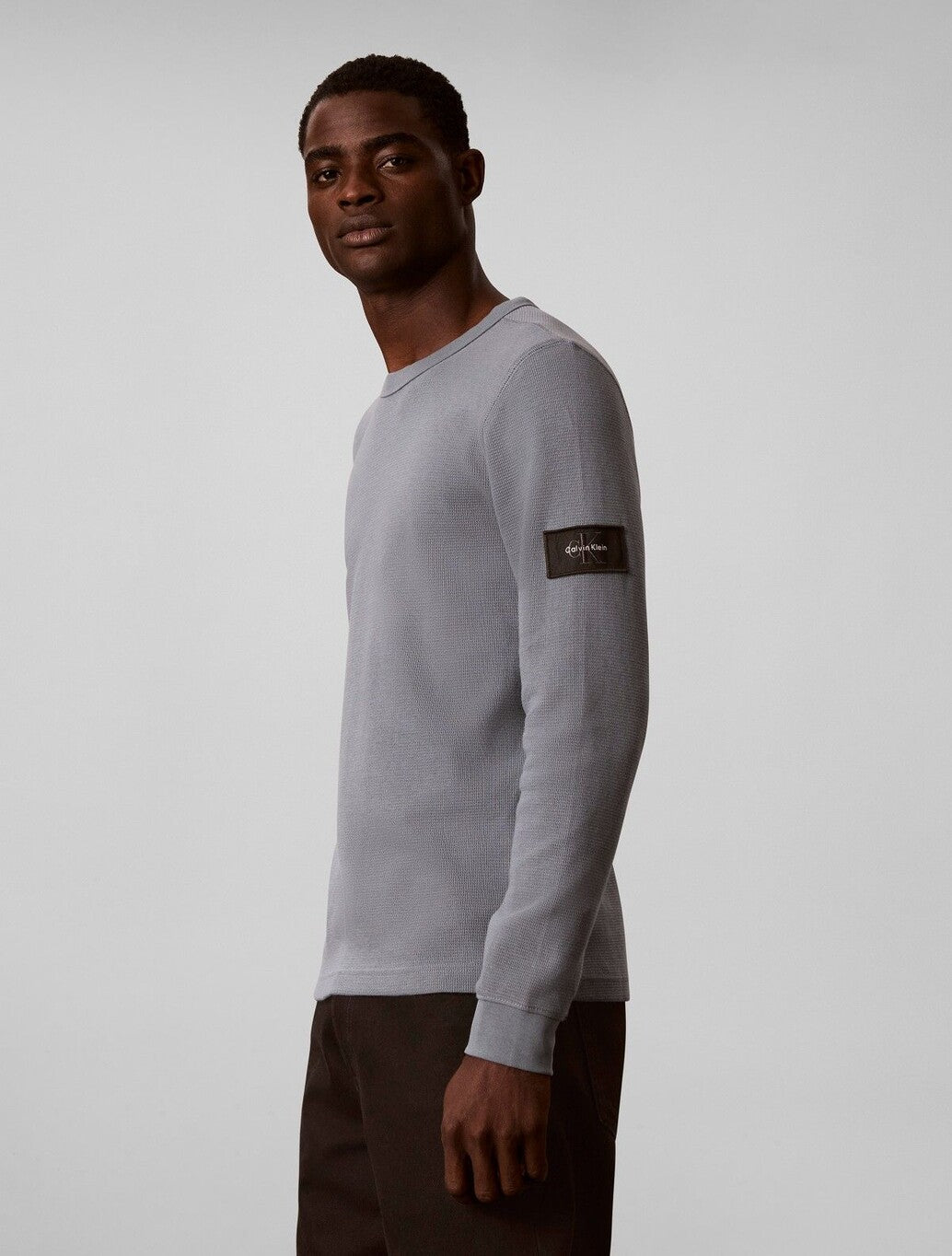 Calvin Klein Waffle Badge Long Sleeve T-Shirt in Steel Grey