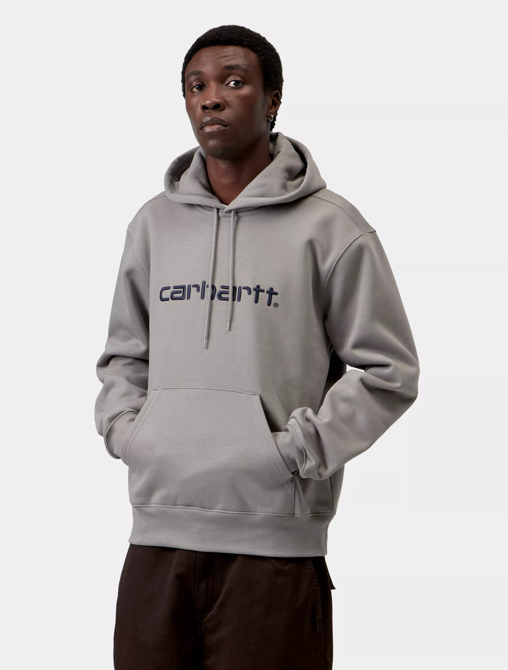 Carhartt WIP Hooded Carhartt Sweatshirt in Shady Grey / Dark Navy